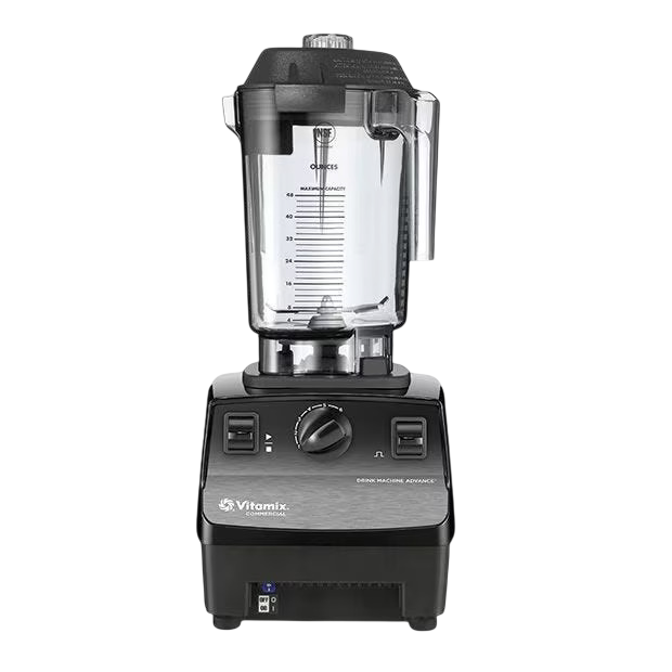 Un blender Vitamix cu un borcan de amestecare transparent, capac negru, cadran de control, întrerupătoare și un panou din metal periat la bază, văzut din față pe un fundal alb.