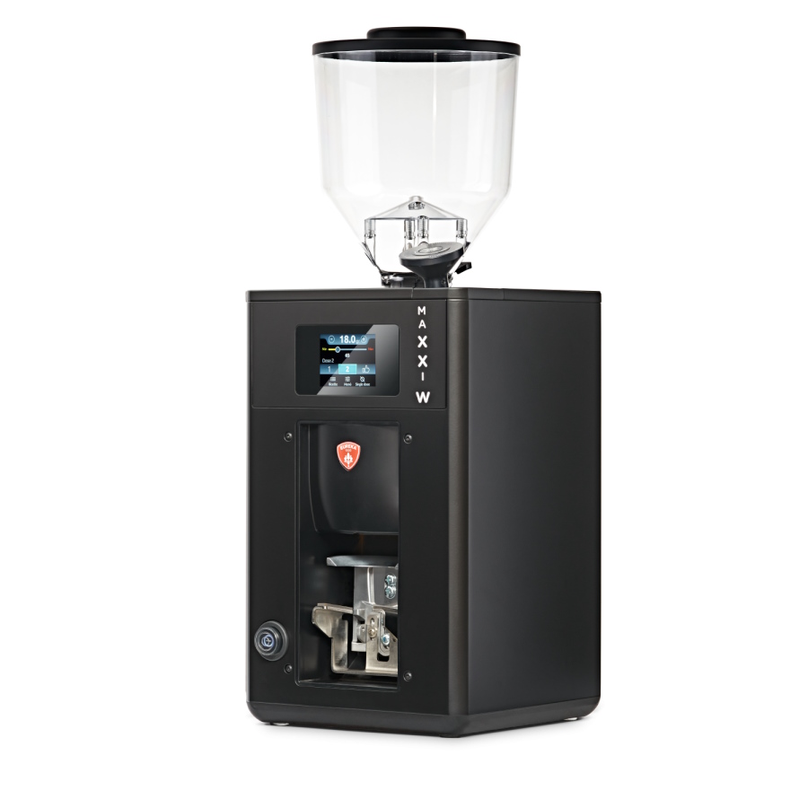 Un măcinător de cafea modern de culoare neagră, cu un afișaj digital, un rezervor de boabe transparent în partea superioară și un mecanism de măcinare vizibil în partea frontală inferioară. Panoul frontal prezintă butoane și un logo.